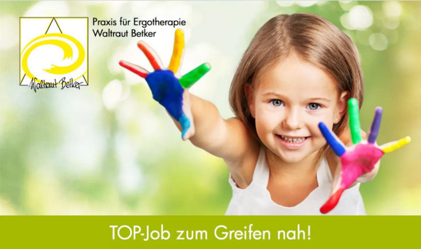 Ein Kind mit bemalten Fingern mit dem Slogan - Top-Job zum Greifen nah!